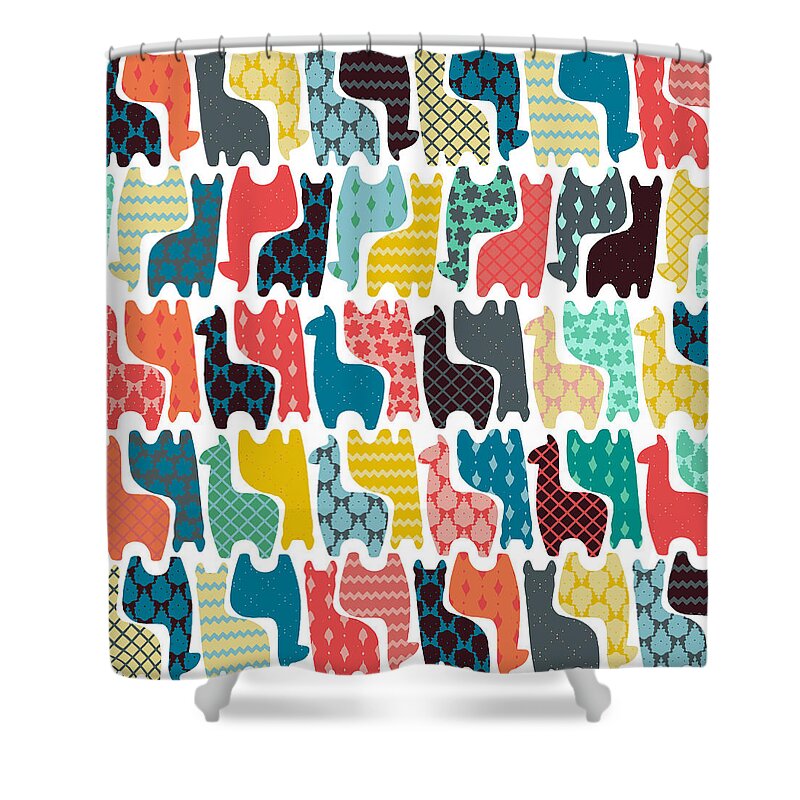 Llama Shower Curtain featuring the drawing Baby Llamas by MGL Meiklejohn Graphics Licensing