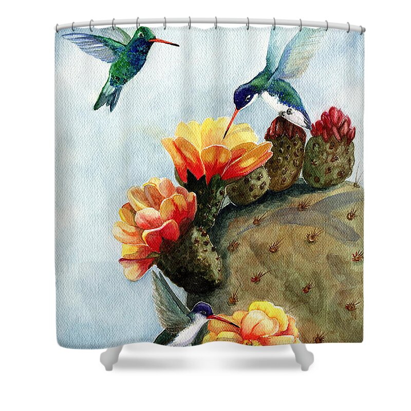Hummingbirds Shower Curtain featuring the painting Baby Makes Three by Marilyn Smith