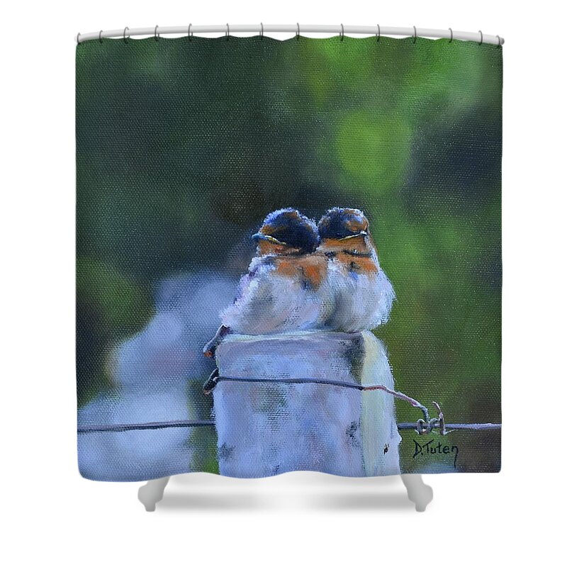 Swallow Shower Curtain featuring the painting Baby Swallows on Post by Donna Tuten