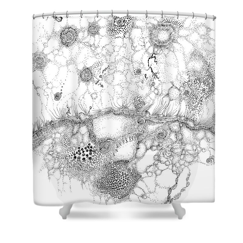 Bacteria Shower Curtain featuring the drawing Bacteriophage Ballet by Regina Valluzzi