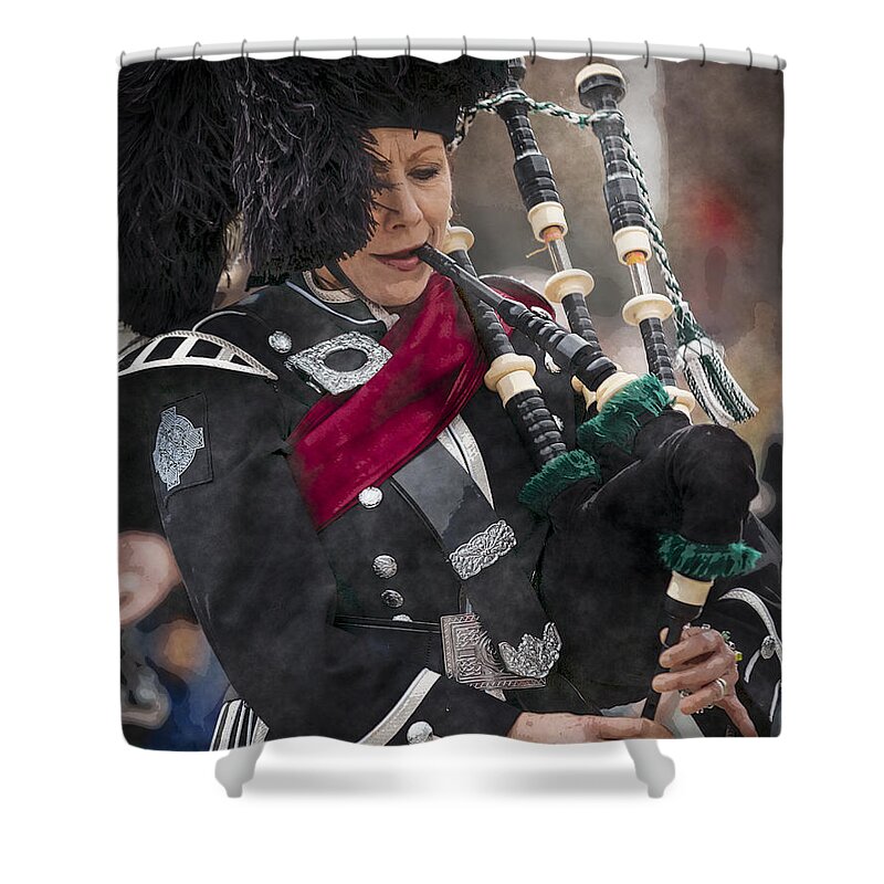 2014 Shower Curtain featuring the photograph Bagpiper Irish lady by Eduard Moldoveanu
