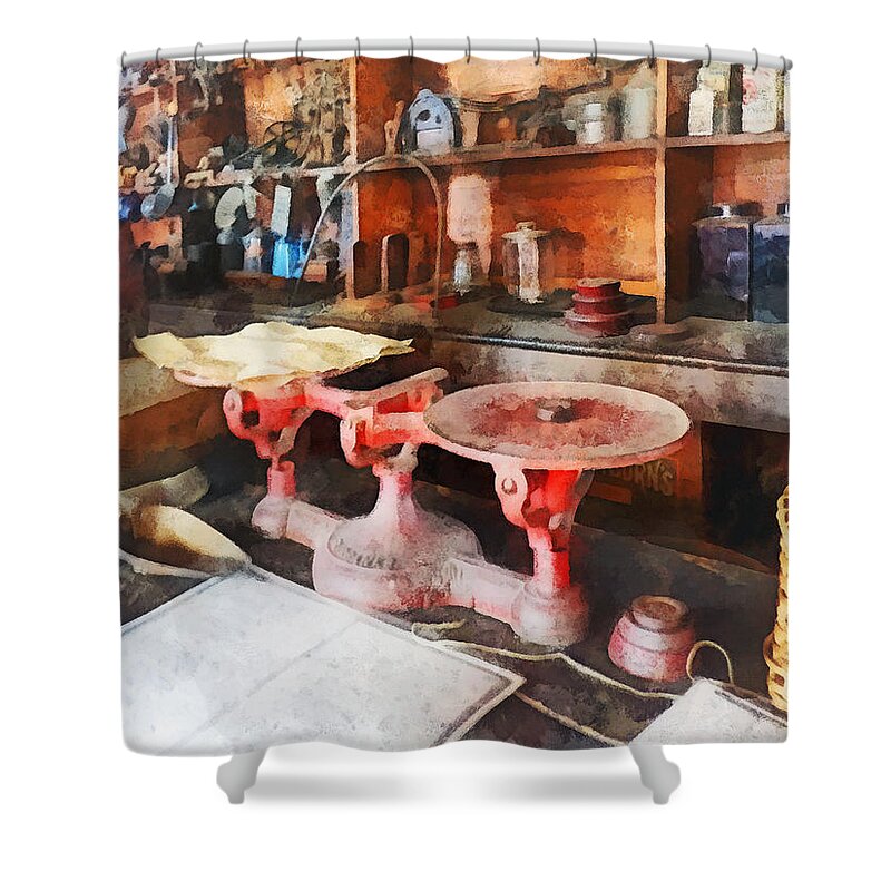 Scale Shower Curtain featuring the photograph Balance Scale in General Store by Susan Savad