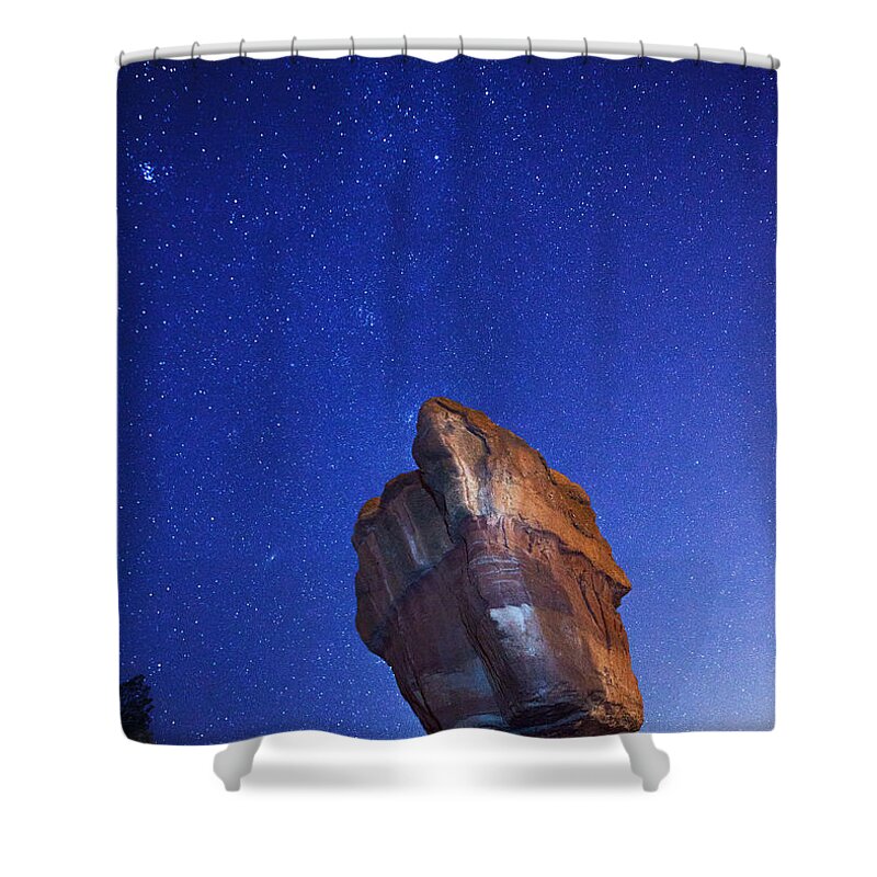 Garden Of The Gods Shower Curtain featuring the photograph Balanced Rock Nights by Darren White