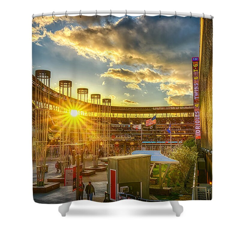 Baseball Stadium Shower Curtain featuring the photograph Ballpark Sunset at Target Field by Mark Goodman