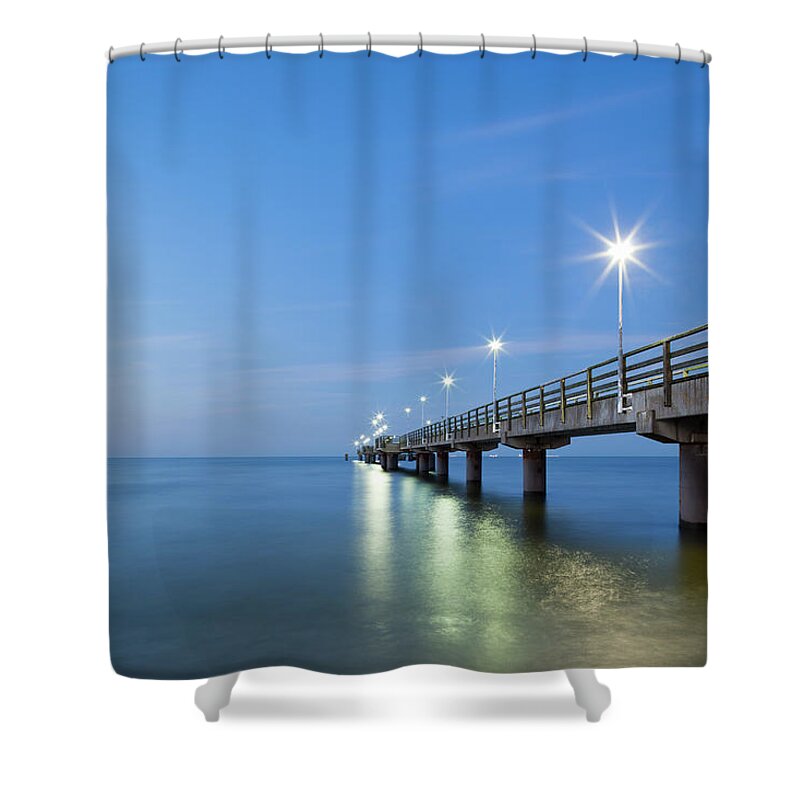Tranquility Shower Curtain featuring the photograph Baltic Sea And Pier At Dusk by Jorg Greuel