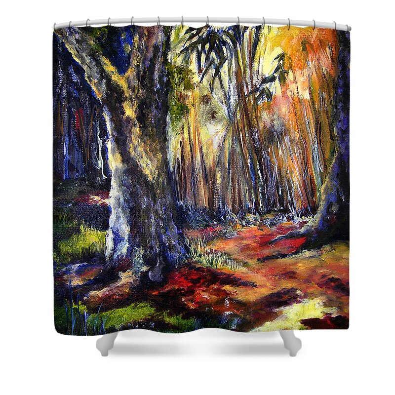Colorful Shower Curtain featuring the painting Bamboo Garden with Bunny by Julianne Felton