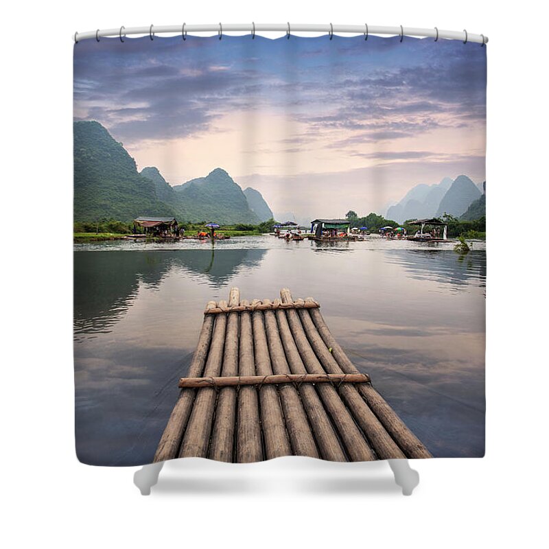Tranquility Shower Curtain featuring the photograph Bamboo Raft On Yulong River by Ray Wise
