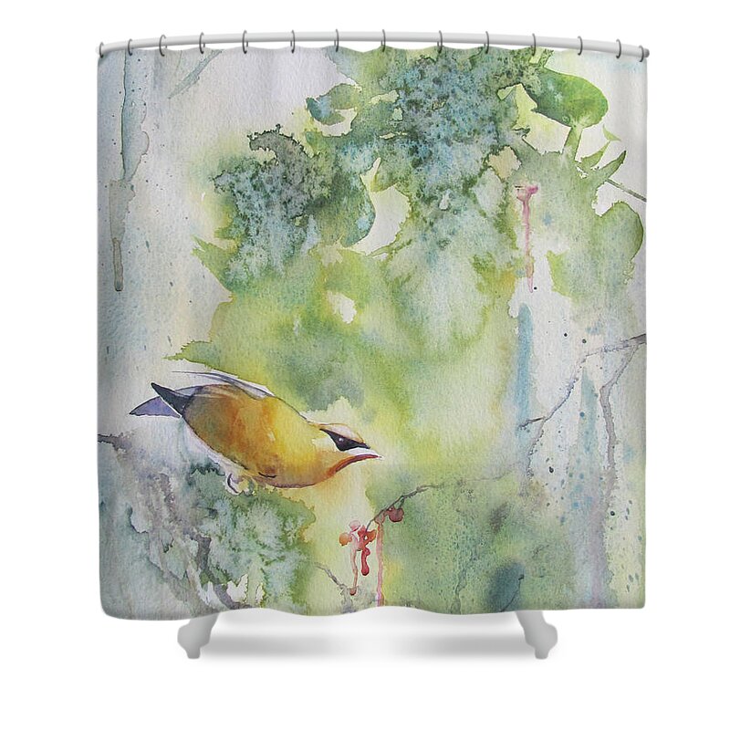 Bird Shower Curtain featuring the painting Cedar Waxwing by Amanda Amend
