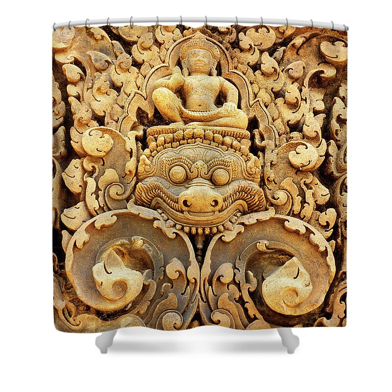 Banteay Shower Curtain featuring the photograph Banteay Srei Carving 01 by Rick Piper Photography