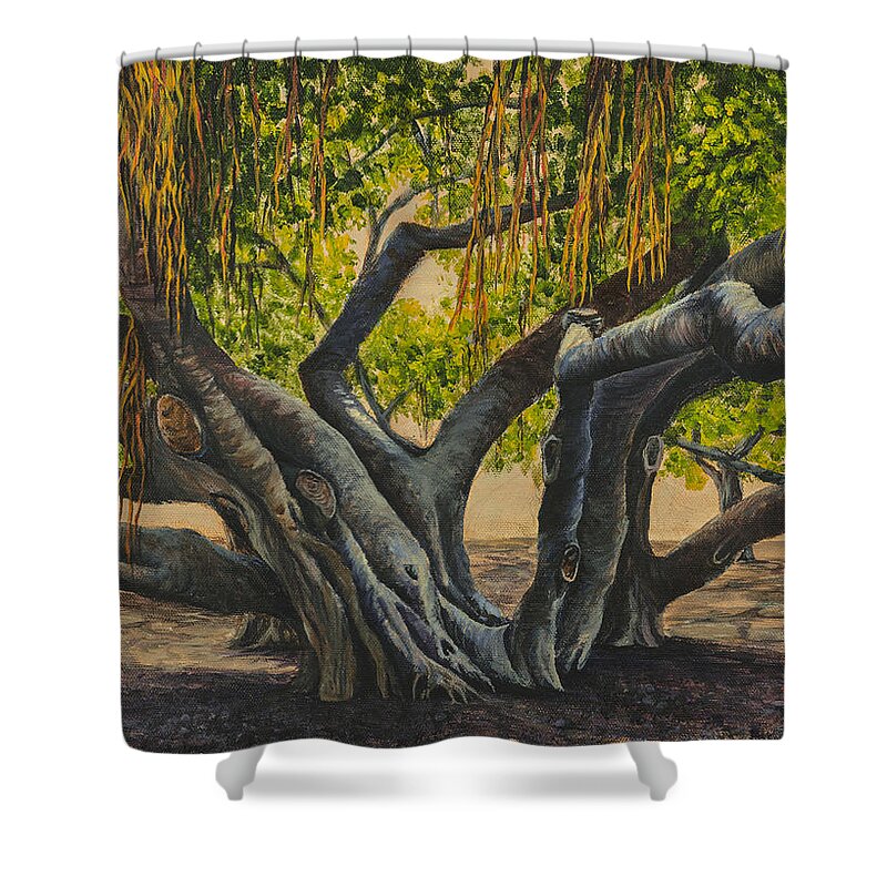 Landscape Shower Curtain featuring the painting Banyan Tree Maui by Darice Machel McGuire
