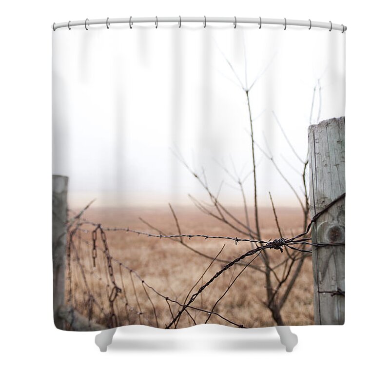 Barbed Wire Shower Curtain featuring the photograph Barbed Wire Fence in the Fog by Todd Aaron