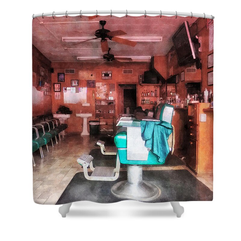 Barber Shower Curtain featuring the photograph Barber - Barber Shop With Green Barber Chairs by Susan Savad
