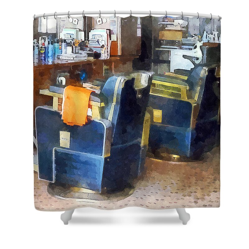 Barber Shower Curtain featuring the photograph Barber Chair With Orange Barber Cape by Susan Savad