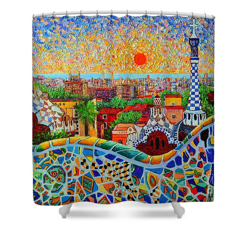 Barcelona Shower Curtain featuring the painting Barcelona View At Sunrise - Park Guell Of Gaudi by Ana Maria Edulescu