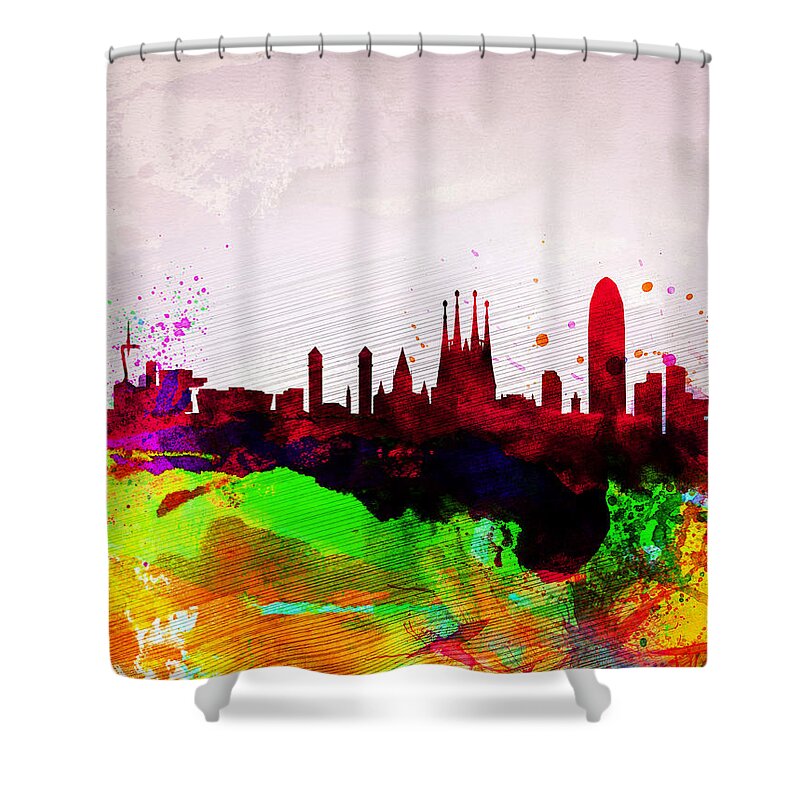 Barcelona Shower Curtain featuring the painting Barcelona Watercolor Skyline by Naxart Studio