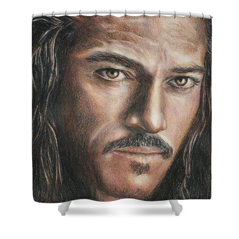 Hobbit Shower Curtain featuring the drawing Bard the Bowman / Luke Evans by Christine Jepsen