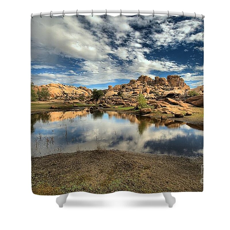 Joshua Tree National Park Shower Curtain featuring the photograph Barker Dam Lake by Adam Jewell