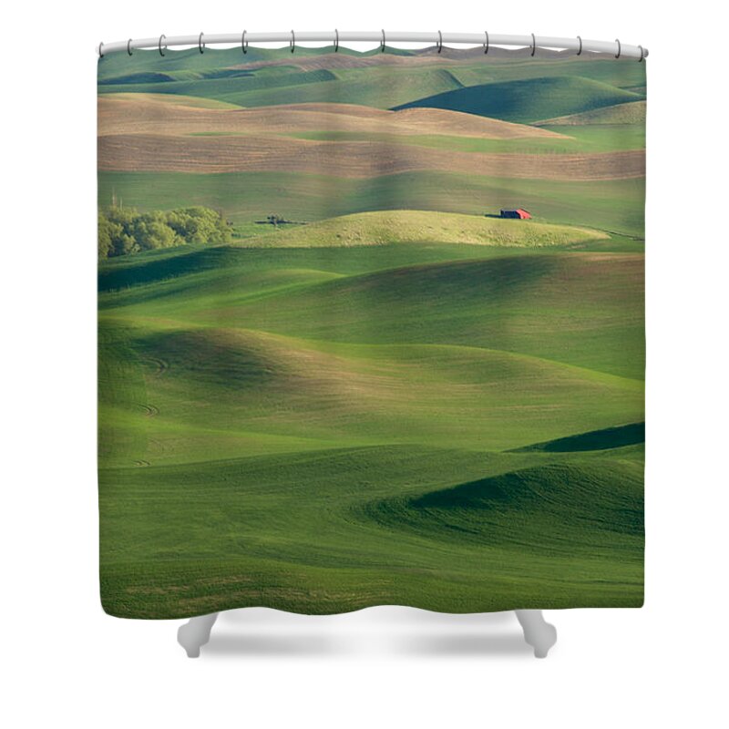 Palouse Shower Curtain featuring the photograph Barn Among the Contours by Mary Lee Dereske