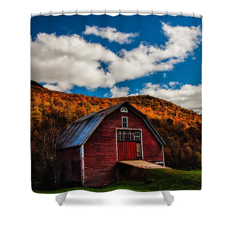Autumn Foliage New England Shower Curtain featuring the photograph Barn on Vermont's Route 100 by Jeff Folger