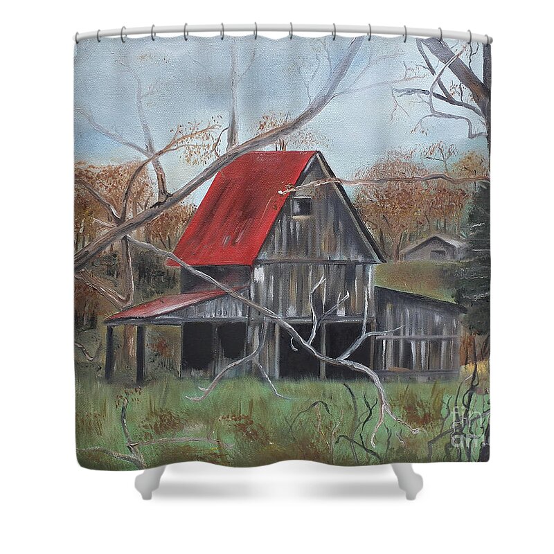 Barn Shower Curtain featuring the painting Barn - Red Roof - Autumn by Jan Dappen