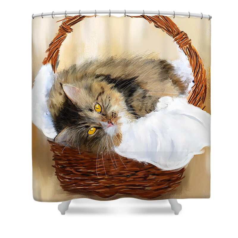 Maine Coon Shower Curtain featuring the painting Basket Case by Lourry Legarde