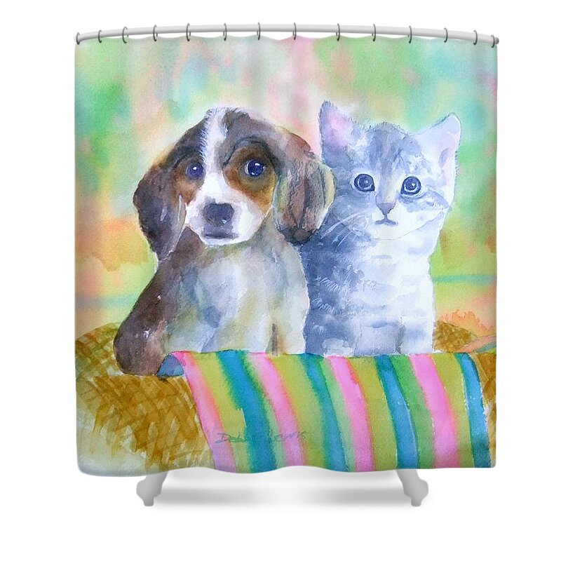 Puppy Shower Curtain featuring the painting Basket Full of Love by Debbie Lewis