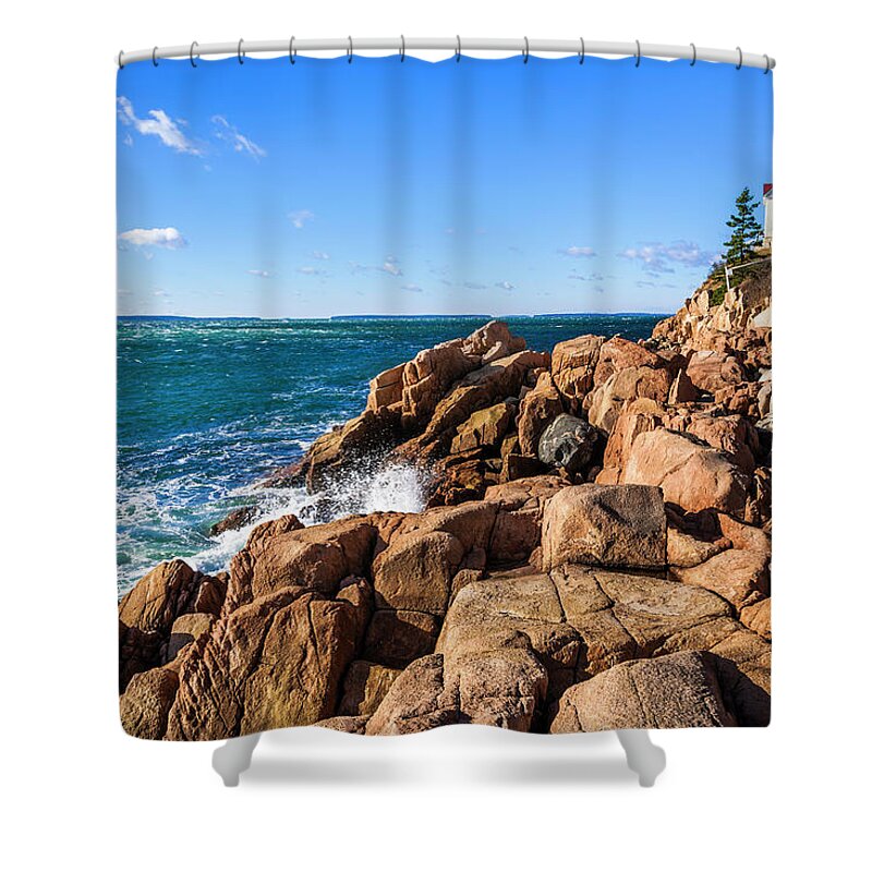 Water's Edge Shower Curtain featuring the photograph Bass Harbor Head Lighthouse, Acadia by Dszc