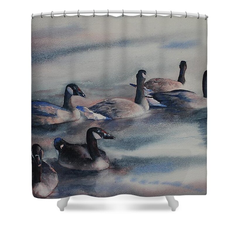 Canada Geese Shower Curtain featuring the painting Bachelor Party by Ruth Kamenev