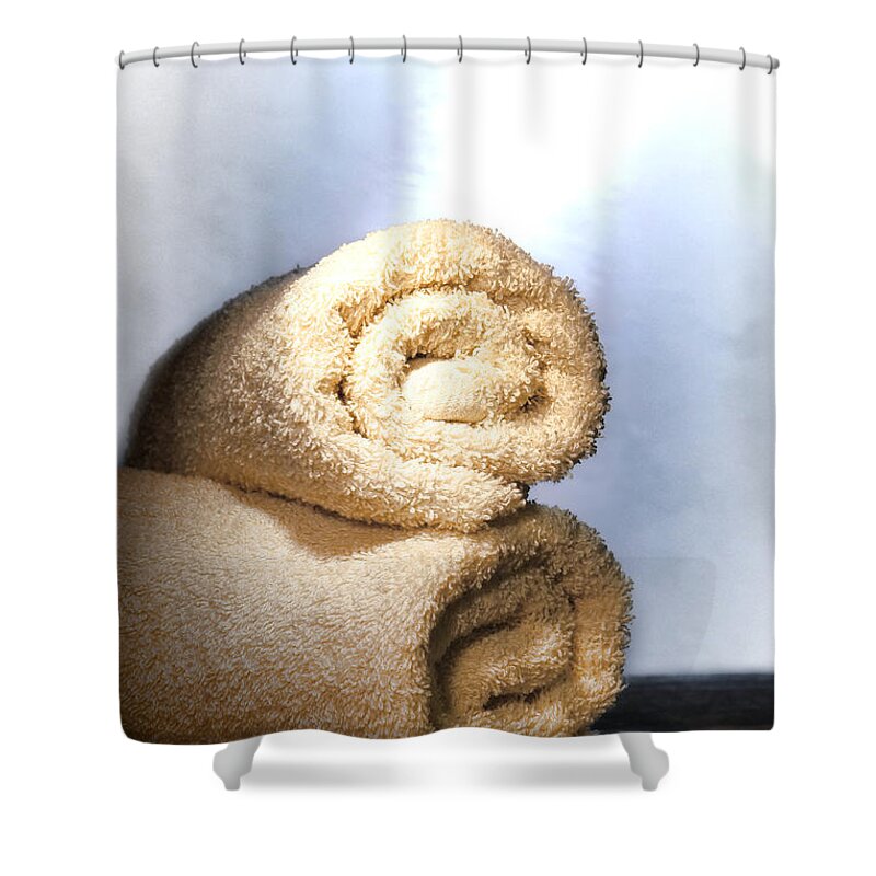 Cotton Shower Curtain featuring the photograph Bath Towels by Olivier Le Queinec