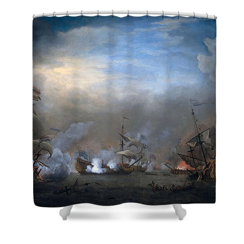 Willem Van De Velde Shower Curtain featuring the painting Battle of Texel by Willem van de Velde