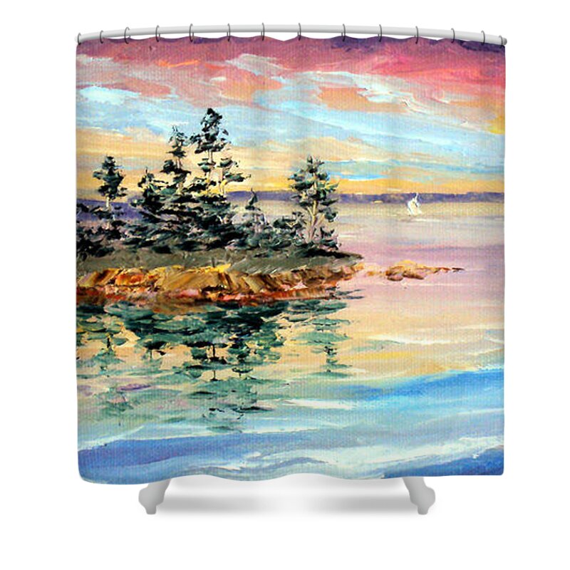 Maine Shower Curtain featuring the painting Bay Island Sunset by Laura Tasheiko