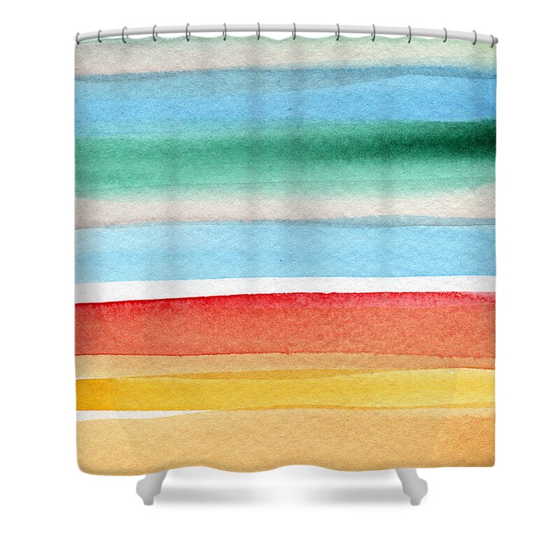 Beach Landscape Painting Shower Curtain featuring the painting Beach Blanket- colorful abstract painting by Linda Woods