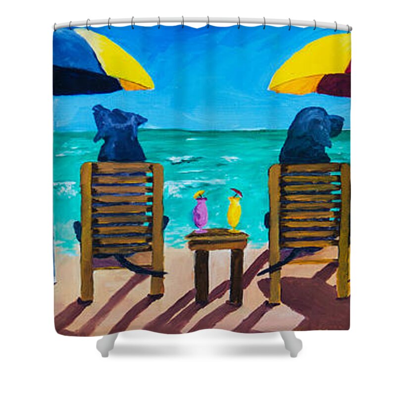 Labrador Retriever Shower Curtain featuring the painting Beach Dogs by Roger Wedegis