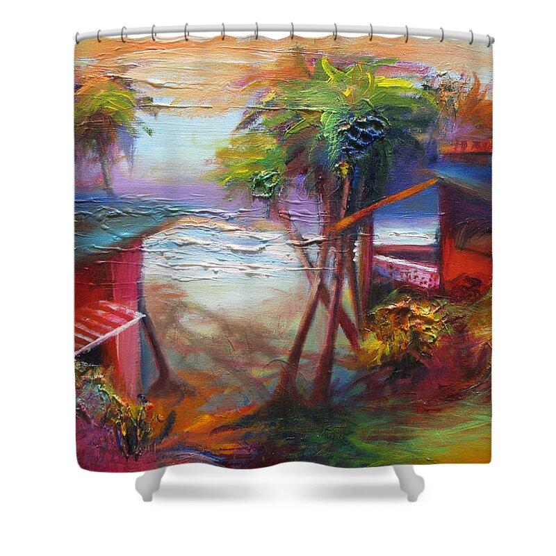 Abstract Shower Curtain featuring the painting Beach Houses by Cynthia McLean