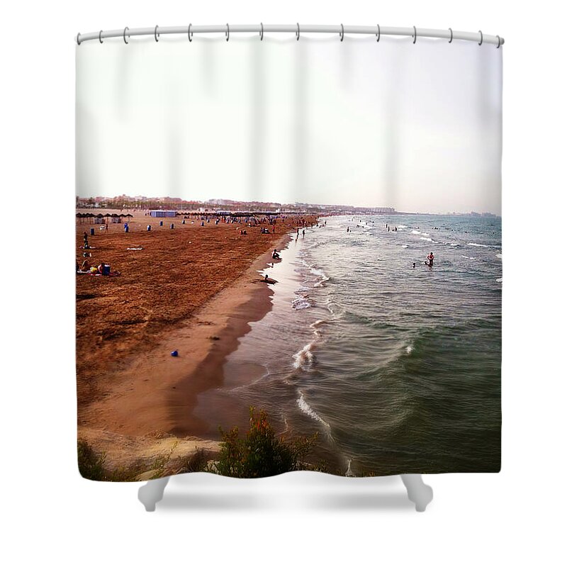 Water's Edge Shower Curtain featuring the photograph Beach Of Valencia, Spain by Nadieshda