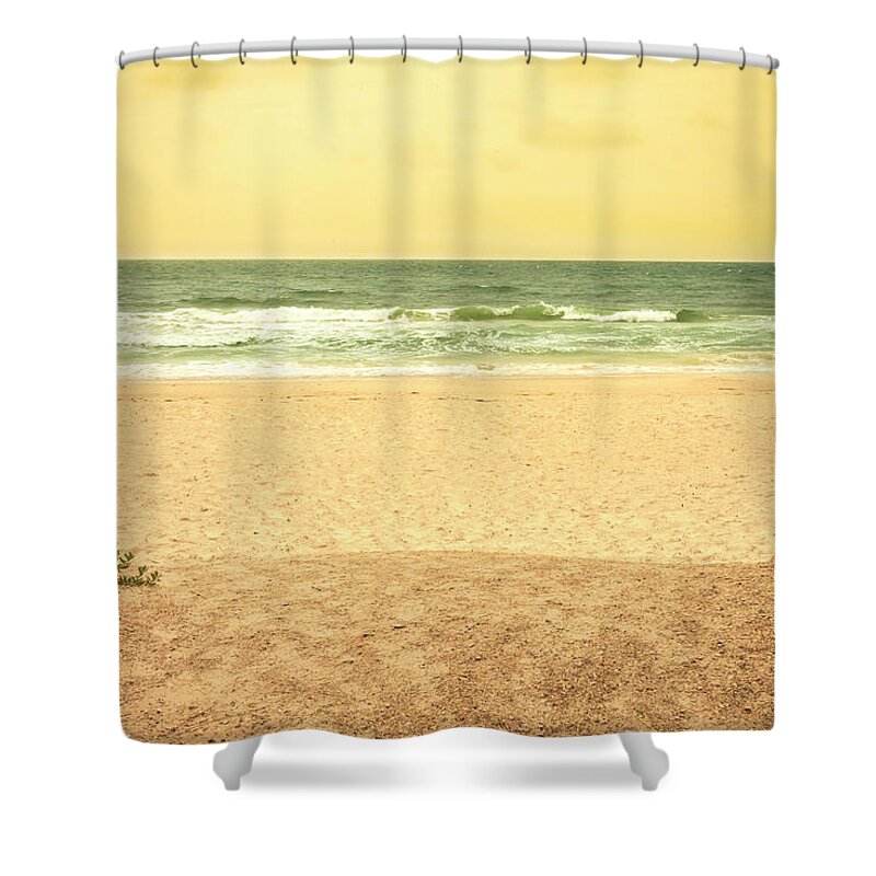 Water's Edge Shower Curtain featuring the photograph Beach Scene In Vintage Colors by Marje