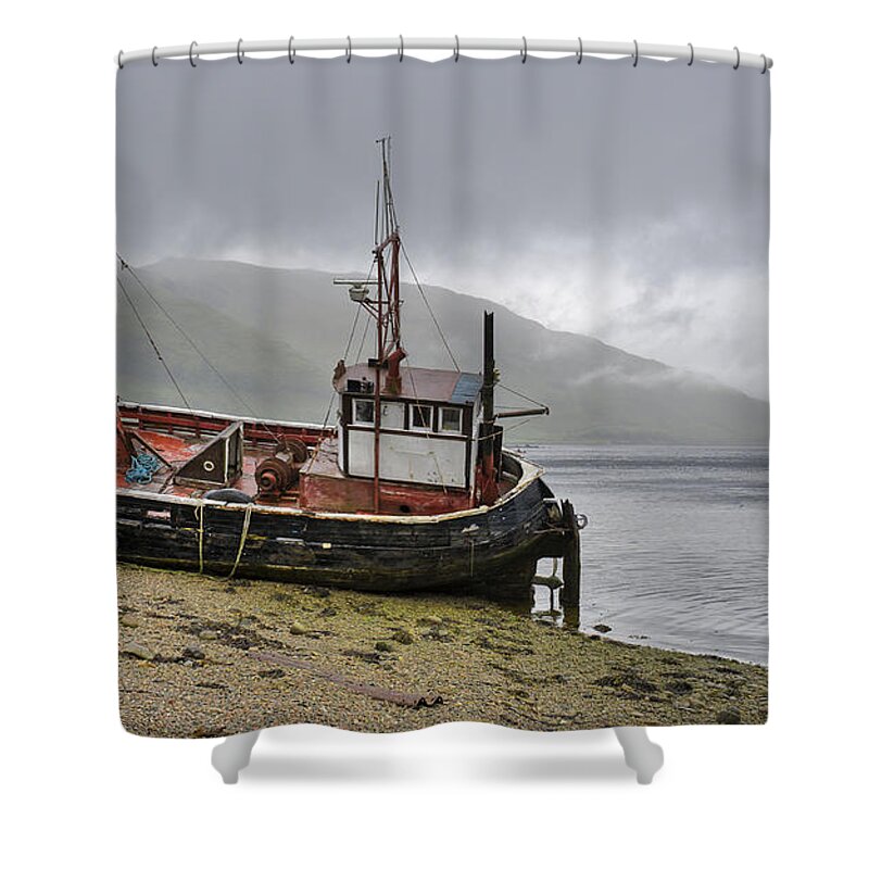 Boat Shower Curtain featuring the photograph Beached fishing boat by Gary Eason