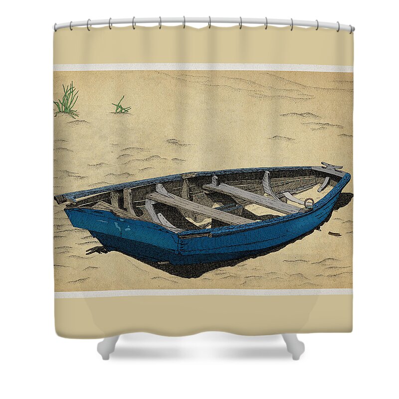 Row Boat Beach San Francisco Sand Shower Curtain featuring the drawing Beached by Meg Shearer