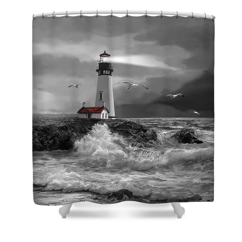 Seascape With The Yaquina Lighthouse In Black And White Oil Painting Shower Curtain featuring the painting Beam of Hope in Black and White by Regina Femrite