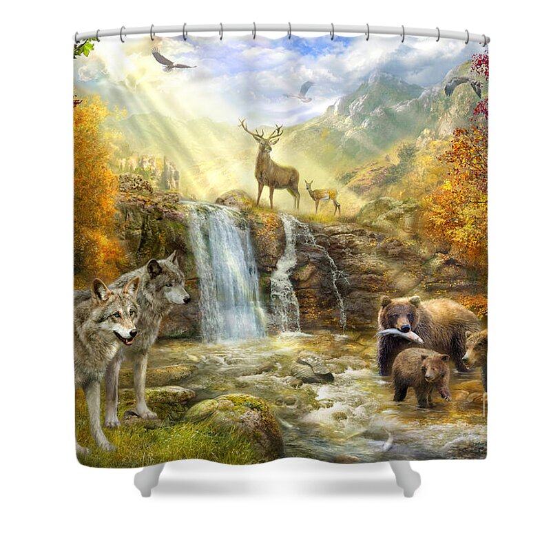 Bears Shower Curtain featuring the digital art Bear Falls by MGL Meiklejohn Graphics Licensing