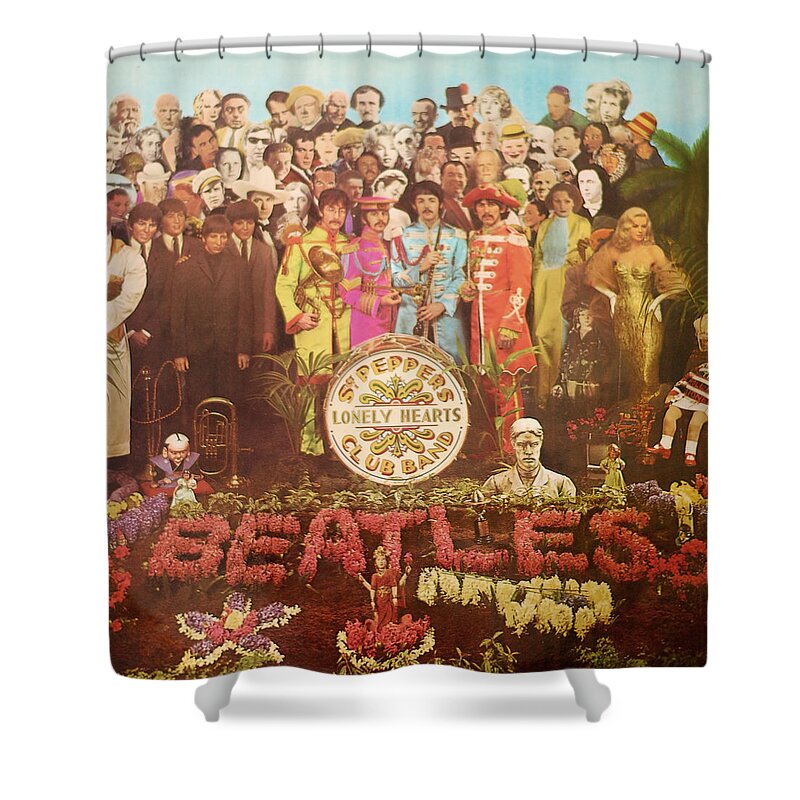 Beatles Shower Curtain featuring the mixed media Beatles Lonely hearts Club band by Gina Dsgn