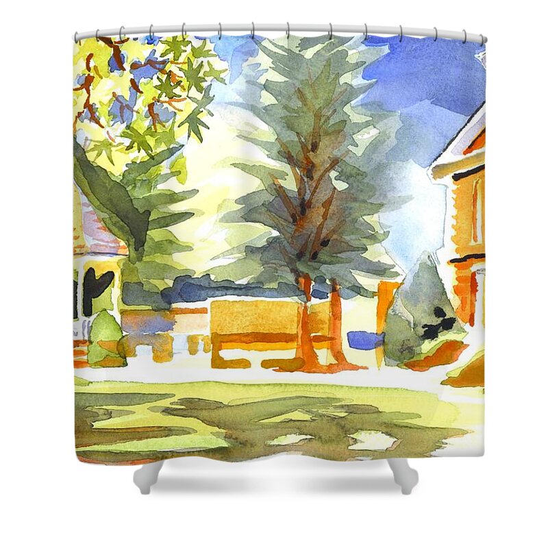 Beautiful Day On The Courthouse Square Shower Curtain featuring the painting Beautiful Day on the Courthouse Square by Kip DeVore
