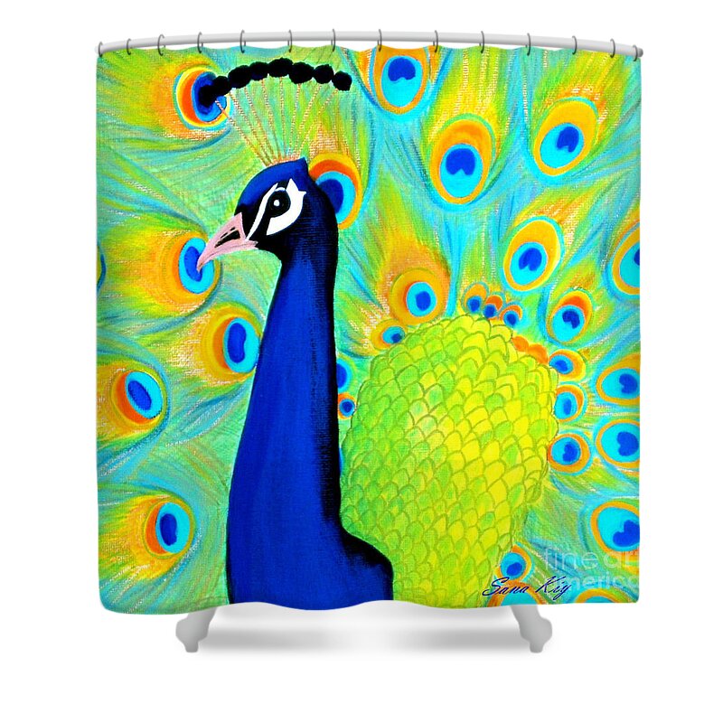 Peacock Shower Curtain featuring the painting Beautiful Peacock Card by Oksana Semenchenko