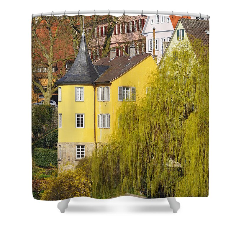 Tuebingen Shower Curtain featuring the photograph Beautiful yellow Hoelderlin Tower in Tuebingen by Matthias Hauser