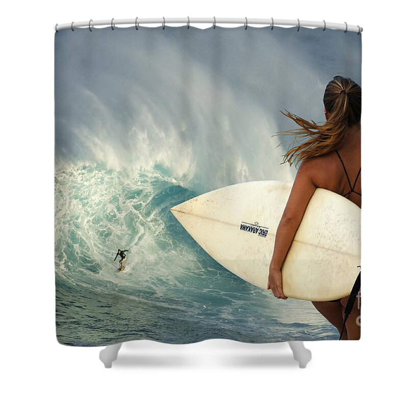 Surfer Shower Curtain featuring the photograph Surfer Girl Meets Jaws by Bob Christopher