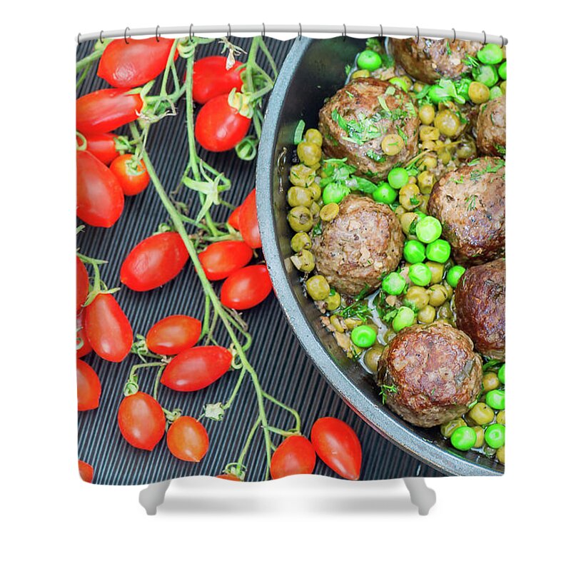 Meatball Shower Curtain featuring the photograph Beef Meatballs With Peas And Lemon by Olga Solan, The Art Photographer