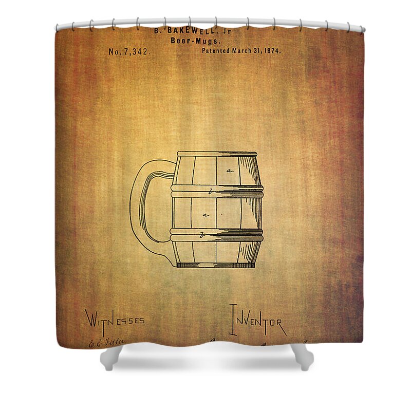 Patent Shower Curtain featuring the digital art Beer mug patent B.Bakewell from 1874 by Eti Reid
