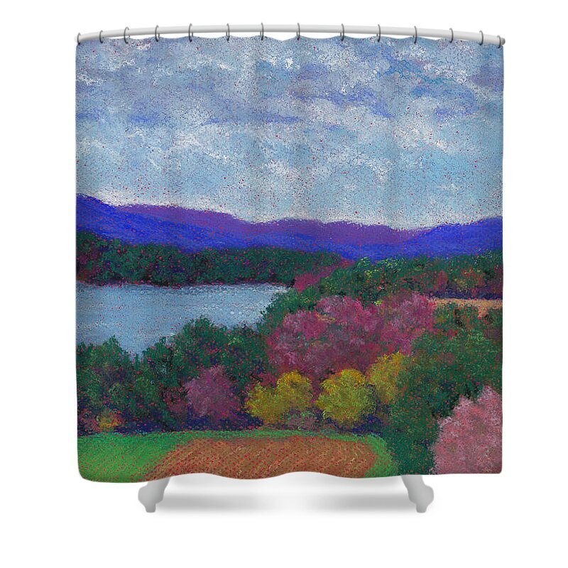 Berkshires Shower Curtain featuring the pastel Berkshires in Late October by Anne Katzeff