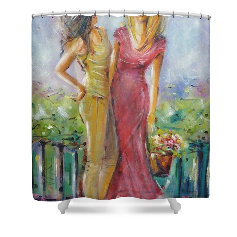 Women Shower Curtain featuring the painting Best Friends 171008 by Selena Boron