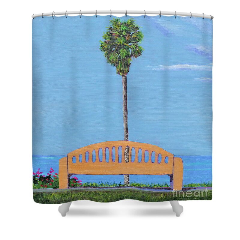 Palm Tree Shower Curtain featuring the painting Best Seat in San Clemente by Mary Scott